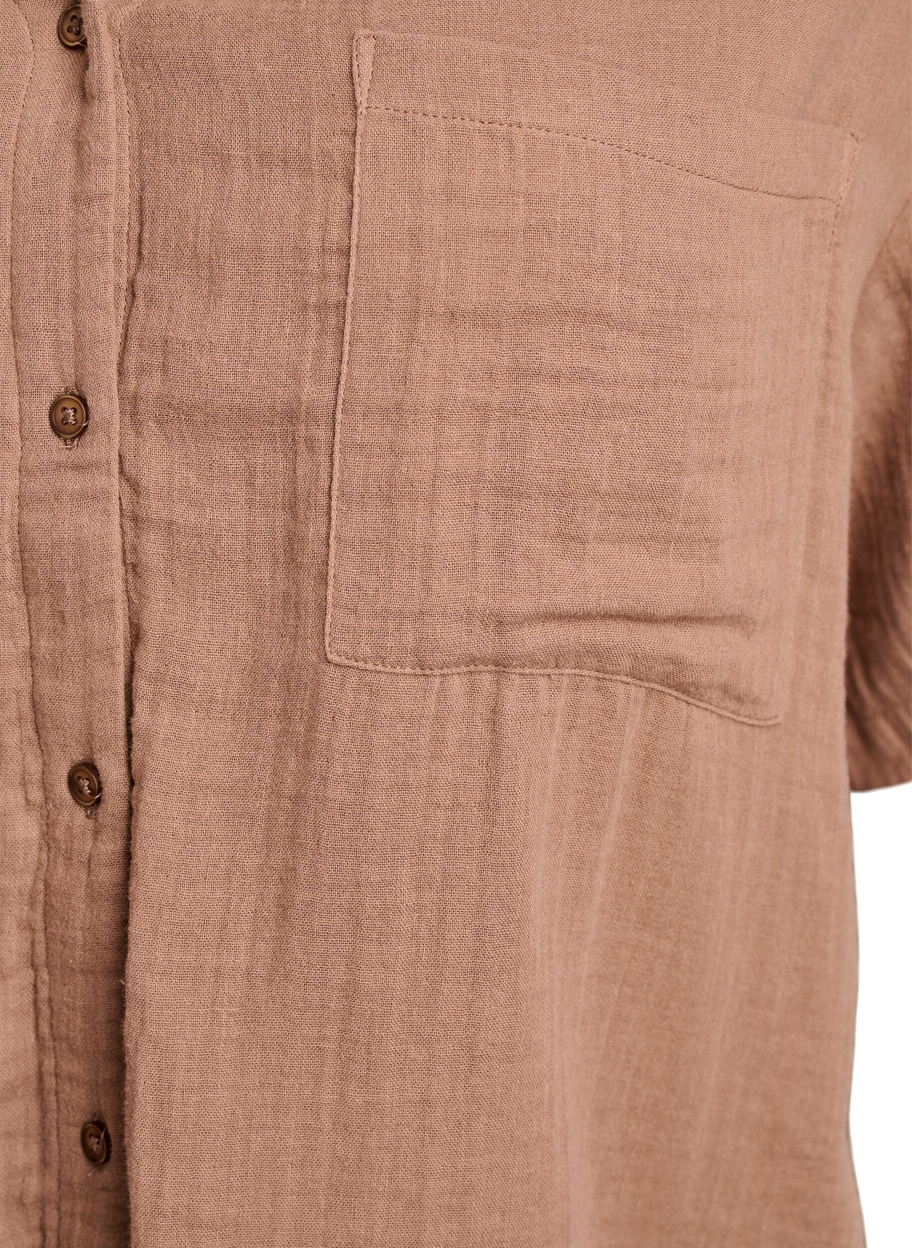 ZizziBluse i bomullsmusselin med korte ermer, Brun, Packshot image number 2