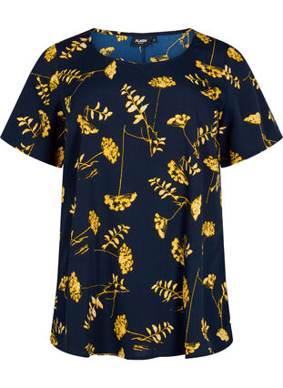FLASH - Bluse med korte ermer og mønster, Night Sky Yellow AOP, Packshot image number 0