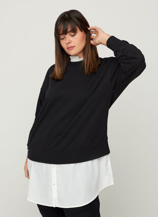 Sweatshirt med påsydd skjorte, Black, Model image number 0