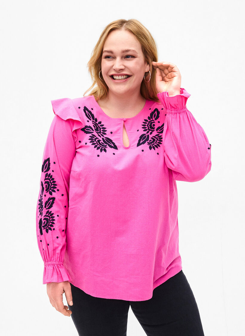 Bomullsbluse med broderi og volanger, Rosa, Model image number 0