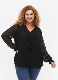 Bluse med volanger og prikkete tekstur, Black, Model