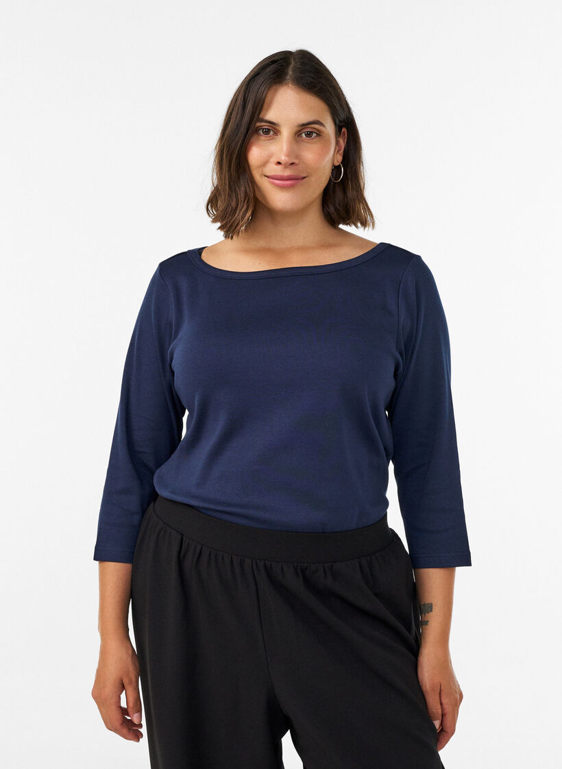 Basis-T-skjorte med b&aring;thals og 3/4-ermer, Bl&aring;, Model image number 0
