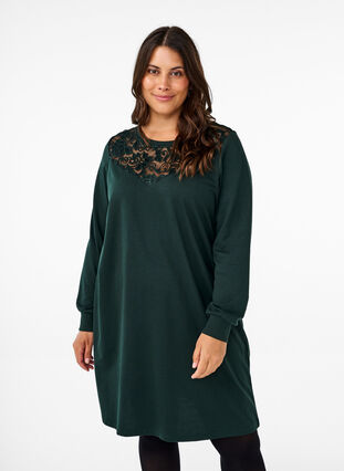 Zizzi Kort joggekjole med blondedetaljer, Scarab, Model image number 0