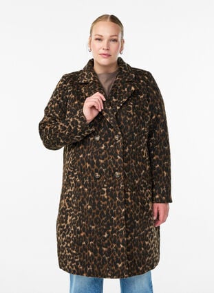 Zizzi Leopardmønstret kåpe med dobbeltradede knapper, Brun, Model image number 0