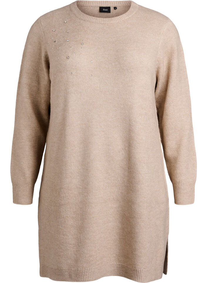 Kort strikket kjole med rhinesteiner, Beige, Packshot image number 0