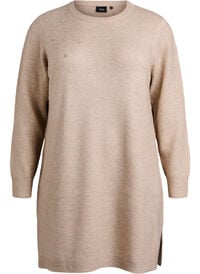 Kort strikket kjole med rhinesteiner, Beige Kort strikket kjole med rhinesteiner