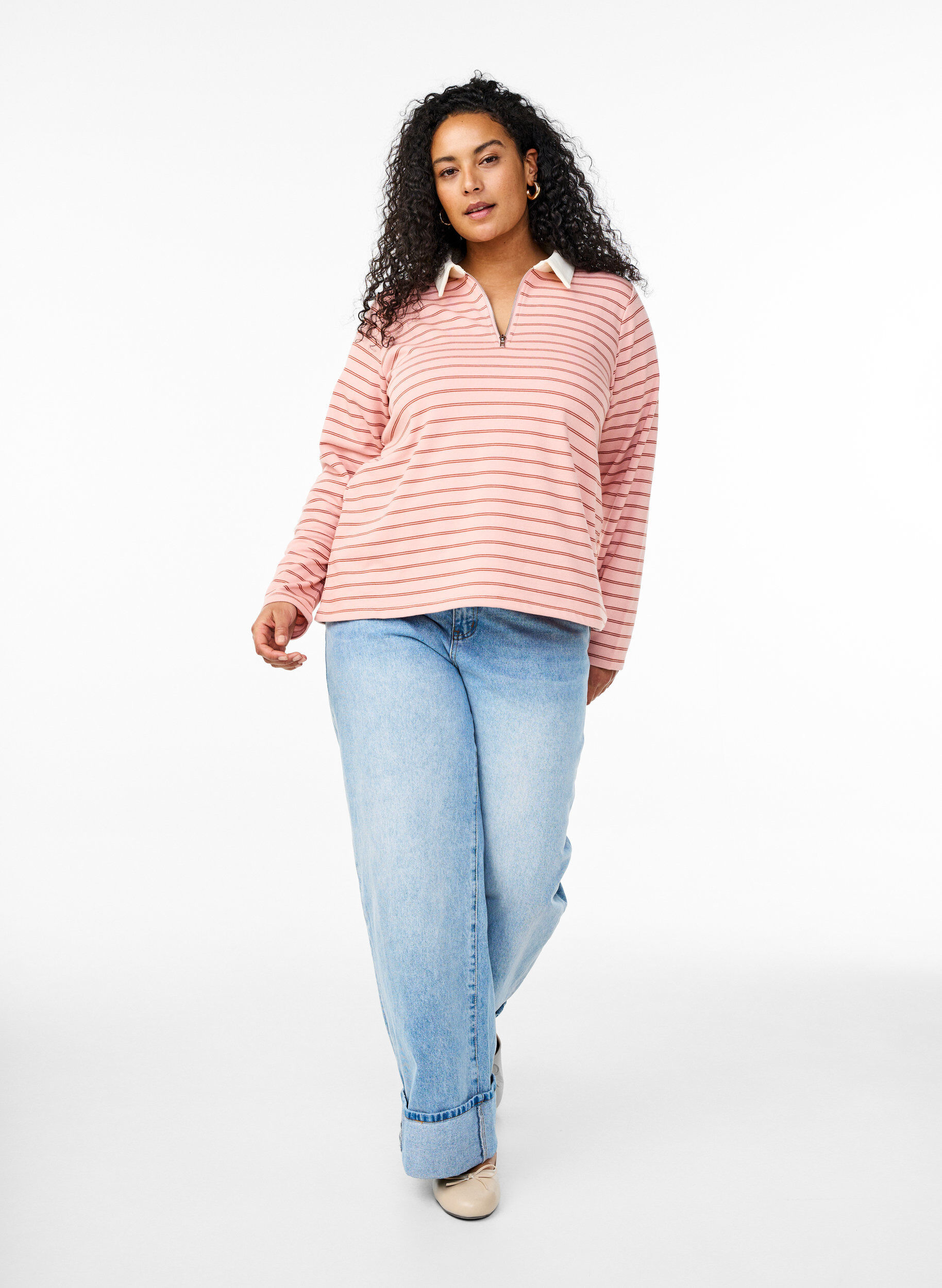 Zizzi Stripete poloskjorte med glidel&aring;s, Rosa, Model image number 1