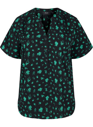 Bluse med korte ermer og V-hals, Green Flower AOP, Packshot image number 0
