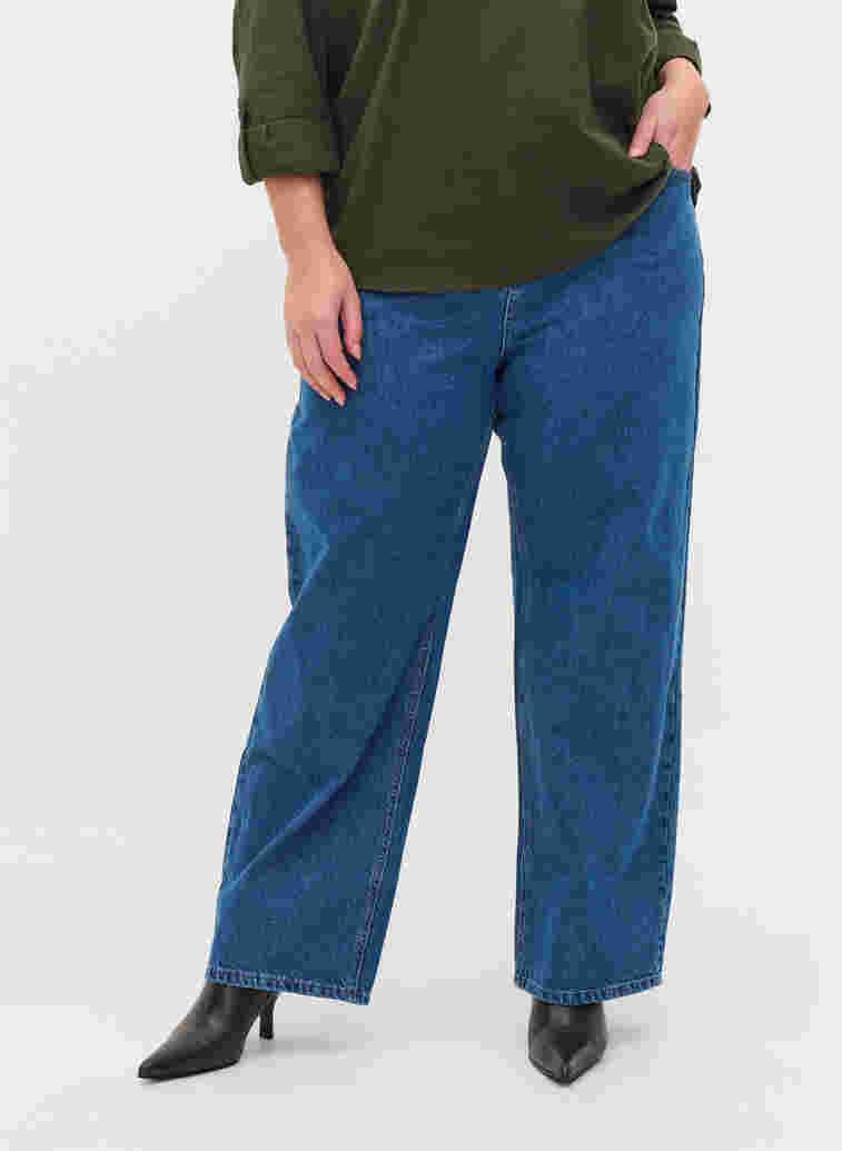 Straight jeans med høyt liv, Blue denim, Model image number 2