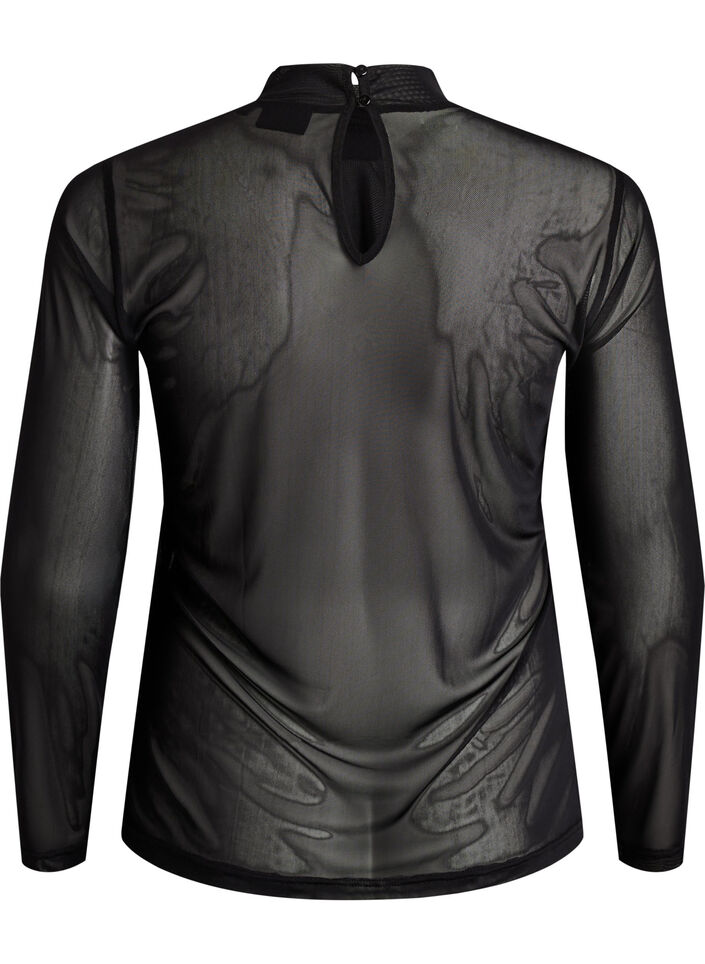 Tett sittende meshbluse med lange ermer, Svart, Packshot