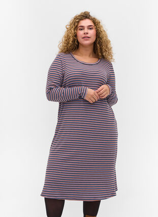 Stripete kjole med splitt, Mahogany/Navy Stripe, Model image number 0