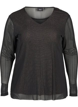 Langermet bluse med lurex og v-hals, Black, Packshot image number 0