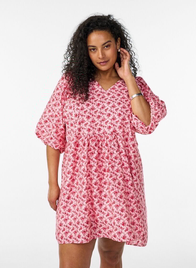 Kort viskosekjole med empirelinje og ballongermer, R&oslash;d, Model image number 0