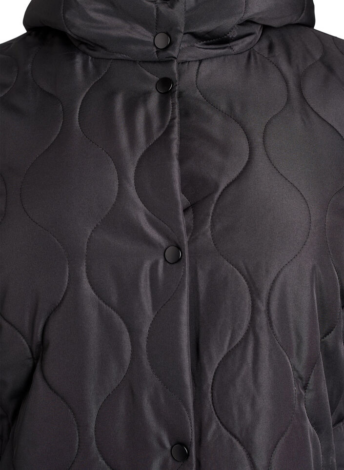 Mellomlang quiltet jakke med hette, Svart, Packshot image number 2