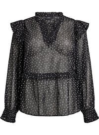 Chiffonbluse med volangdetaljer og små prikker, Svart Chiffonbluse med volangdetaljer og små prikker