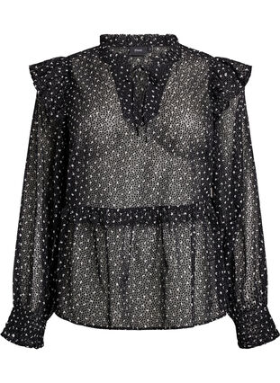 Zizzi Chiffonbluse med volangdetaljer og små prikker, Svart, Packshot image number 0