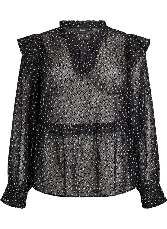 Chiffonbluse med volangdetaljer og små prikker, Svart, Packshot image number 0