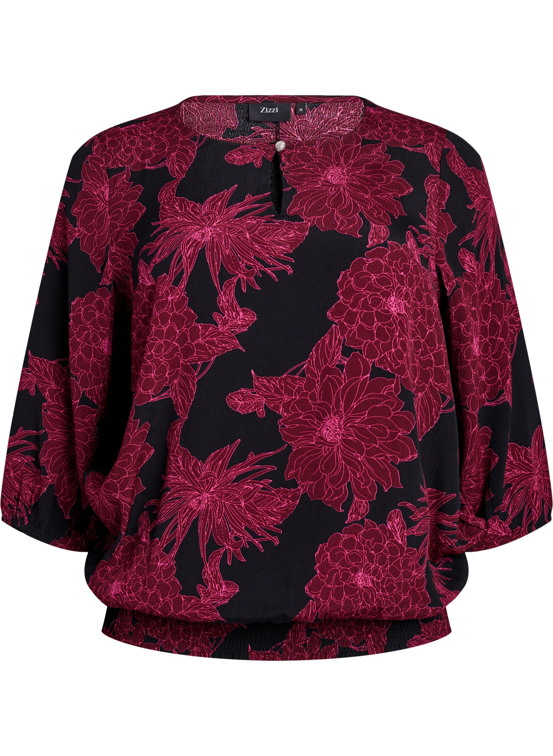 ZizziViskose bluse med blomstertrykk og smocking, M&oslash;rk Bordeaux, Packshot image number 0