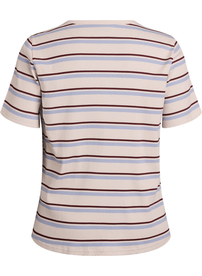 Ribbet T-skjorte med striper og knappedetalj, Lilla, Packshot image number 1