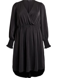 Midikjole med omslagslook og smock-ermer, Svart Midikjole med omslagslook og smock-ermer