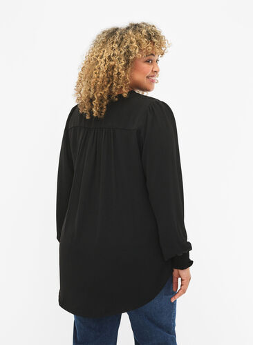 Bluse med vaffelsøm og v-utringning, Black, Model image number 1