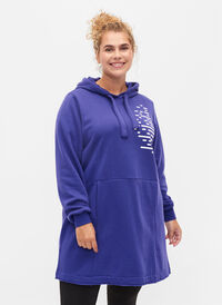 Lang genser med hette og lommer, Deep Blue, Model