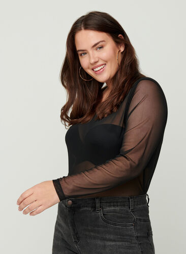 Tettsittende bluse i mesh, Black, Model image number 0