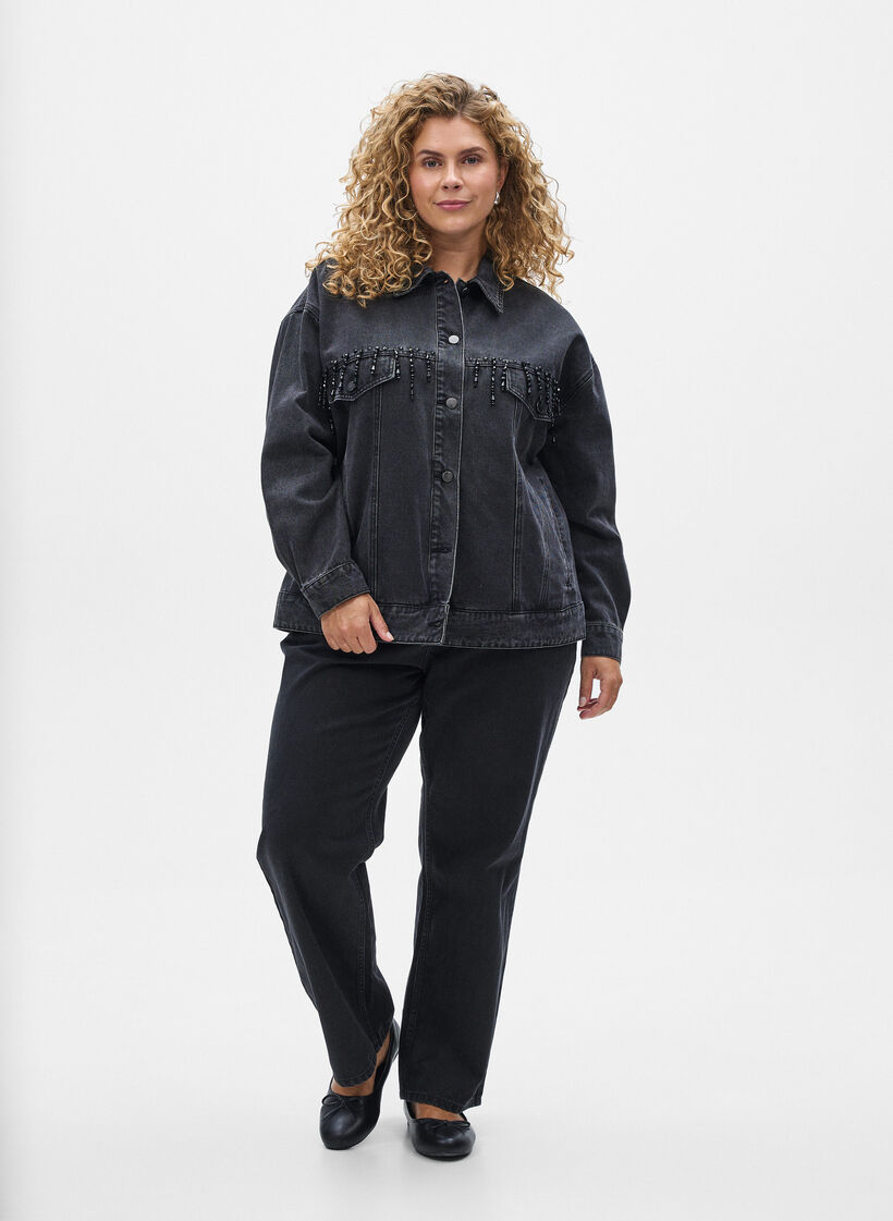 Denimjakke med perlefranser, Grey Denim, Model