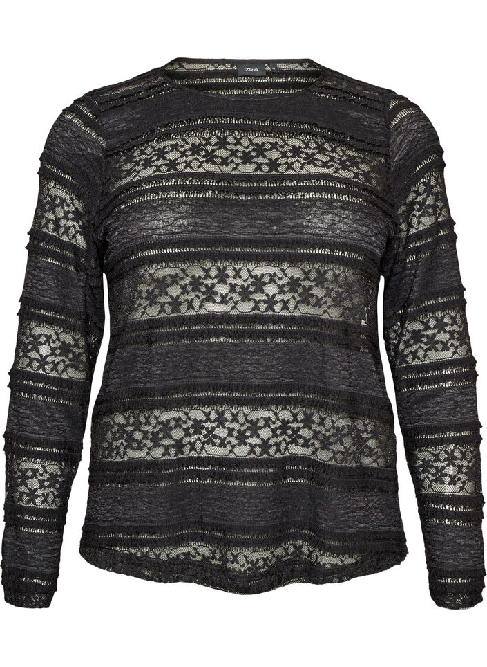 Bluse med blonder og lange ermer, Svart, Packshot image number 0