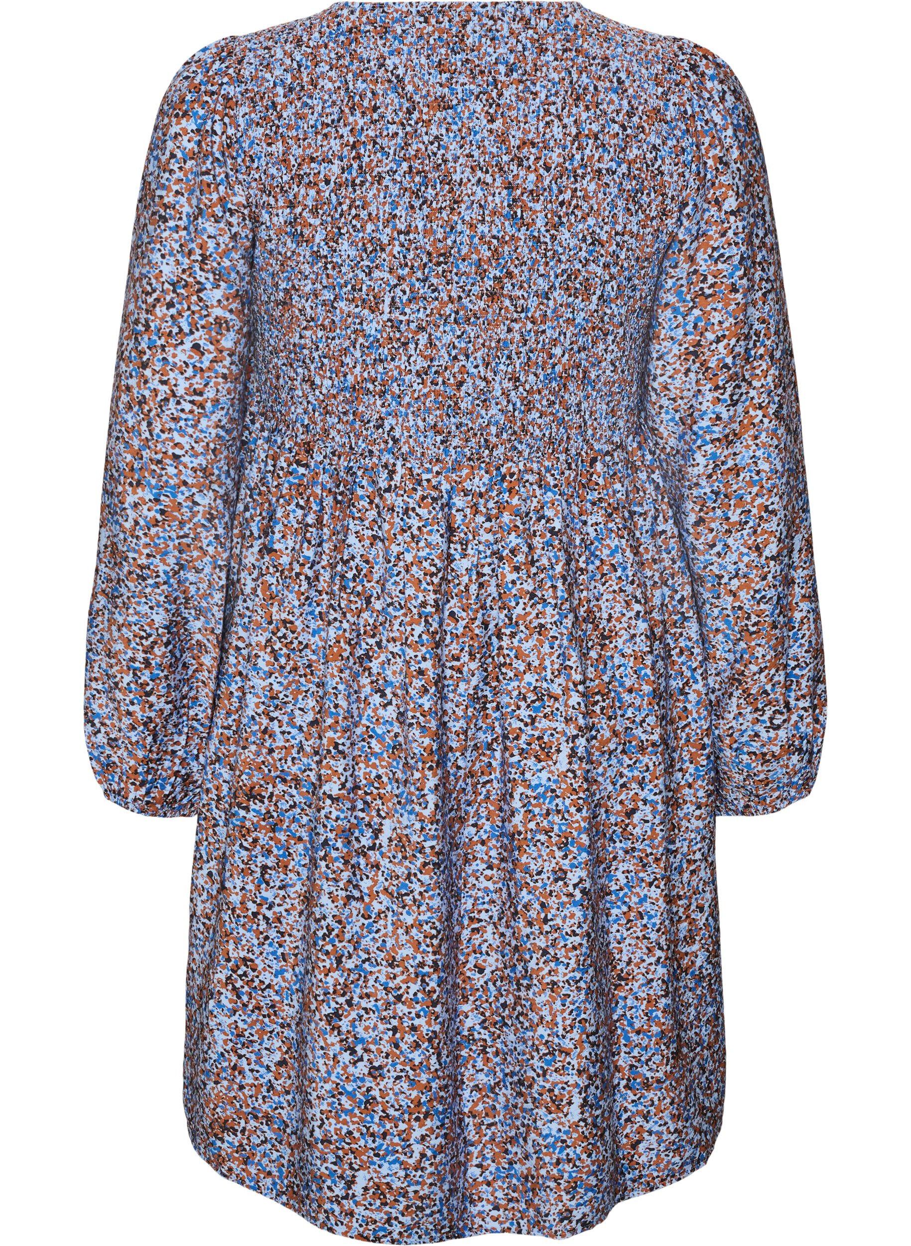 ZizziViskosekjole med smock og heldekkende m&oslash;nster, Bl&aring;, Packshot image number 1
