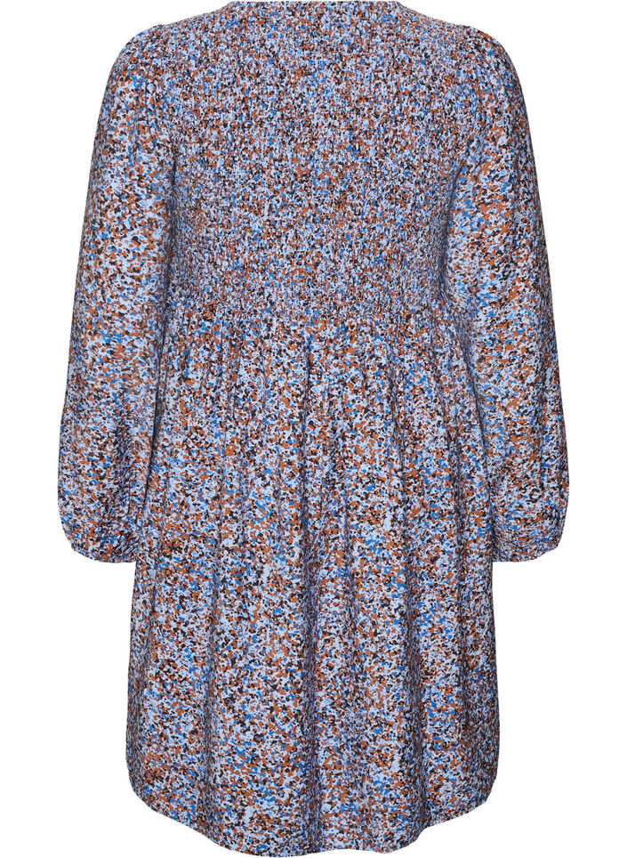 Viskosekjole med smock og heldekkende m&oslash;nster, Bl&aring;, Packshot image number 1