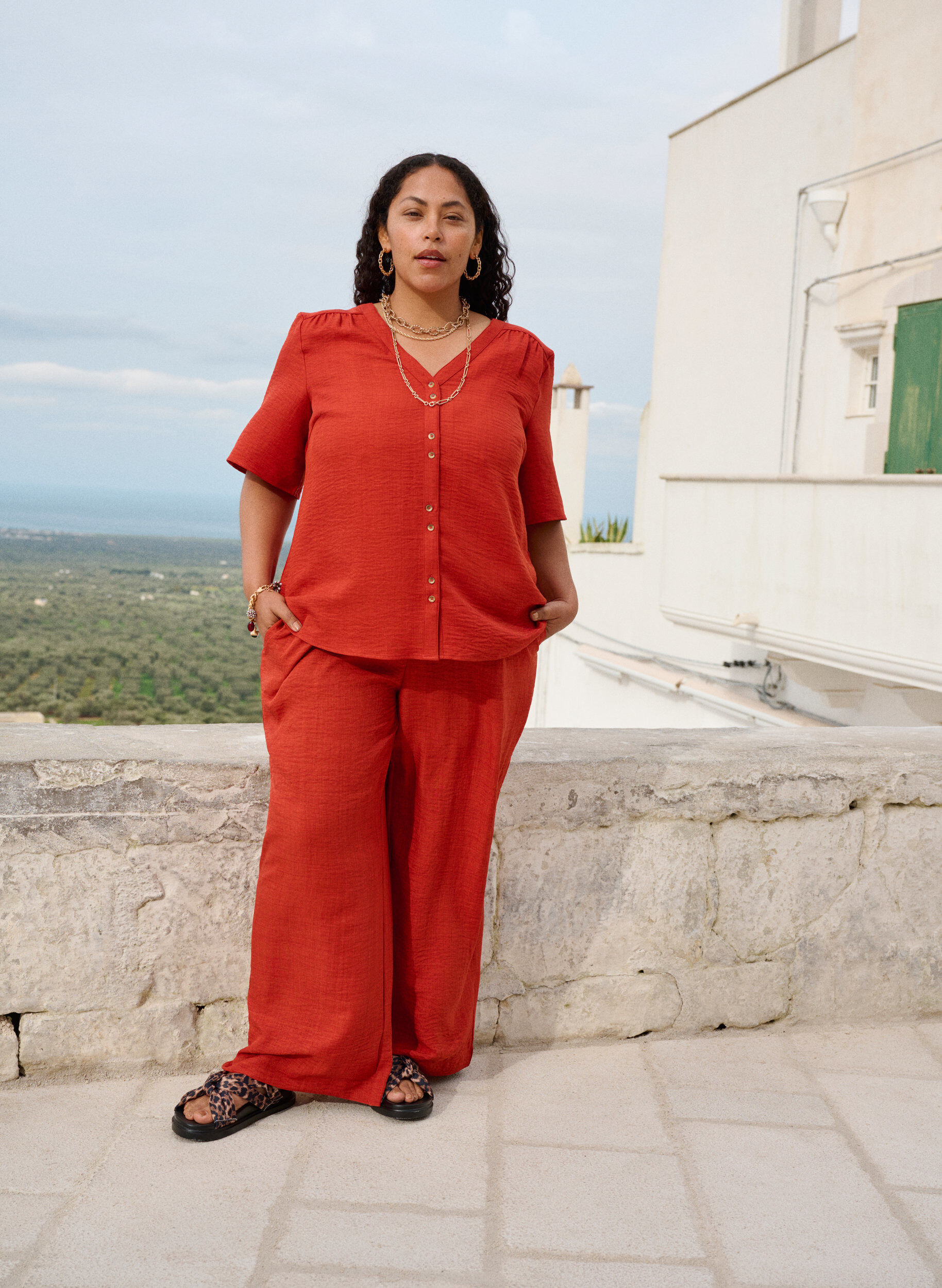 Zizzi L&oslash;se bukser med elastisk linning og lommer, R&oslash;d, Image image number 0