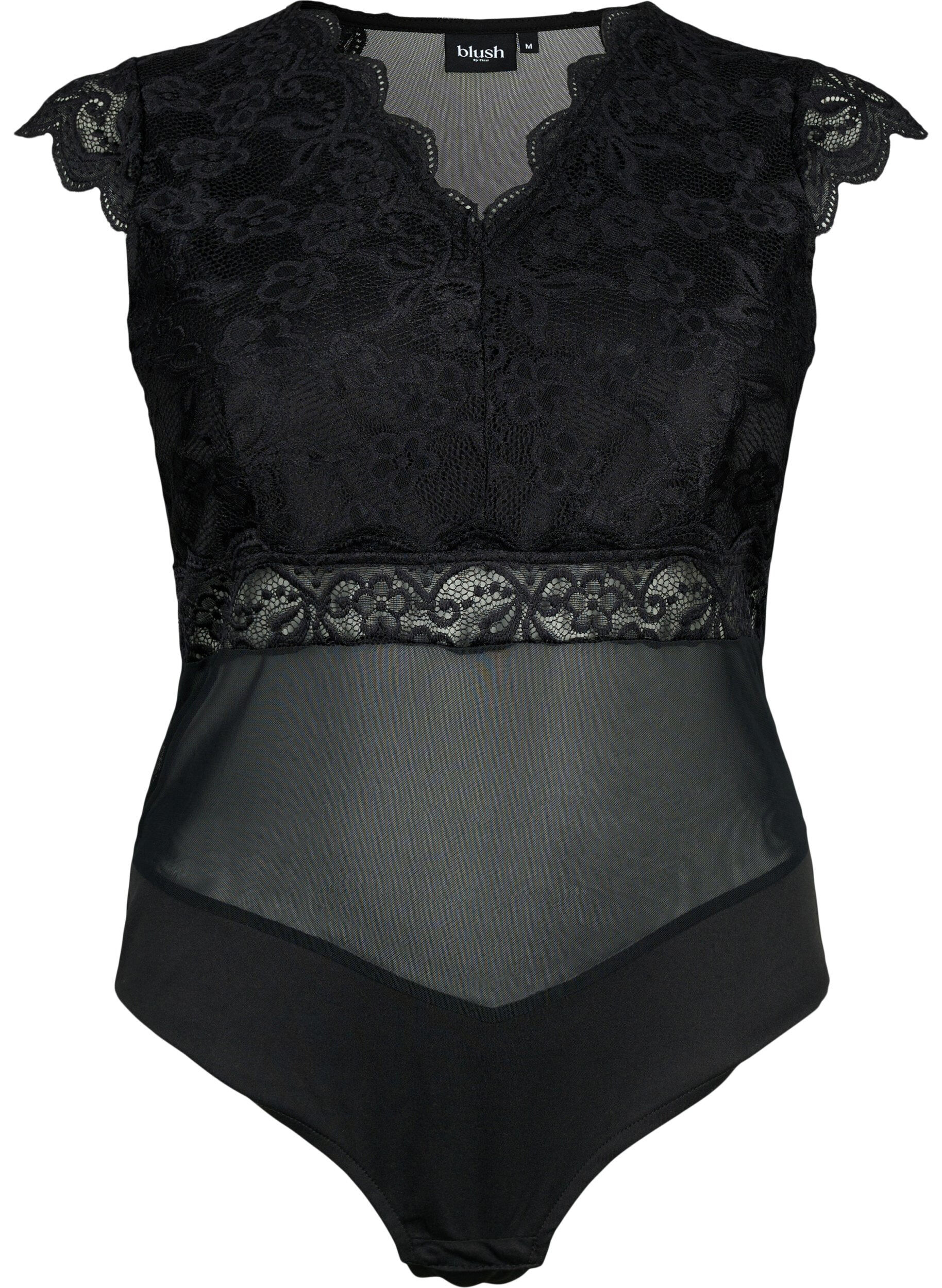 Zizzi Bodystocking med blondekant og mesh, Black, Packshot image number 0
