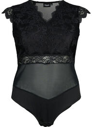 Bodystocking med blondekant og mesh, Black