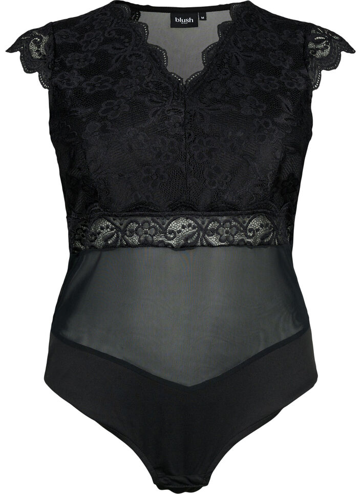 Bodystocking med blondekant og mesh, Black, Packshot image number 0