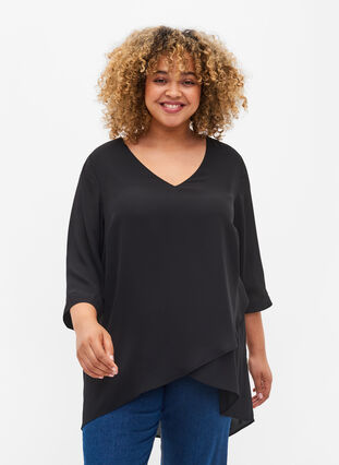 Bluse med 3/4-ermer og V-hals, Black, Model image number 0
