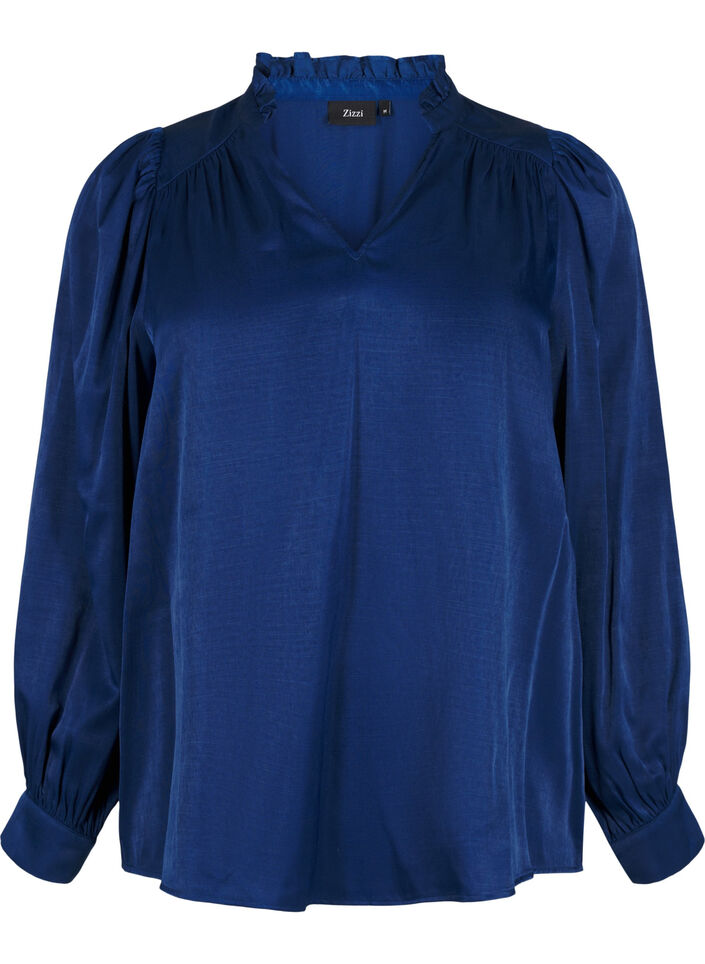Langermet bluse med volanger og V-hals, Estate Blue, Packshot image number 0