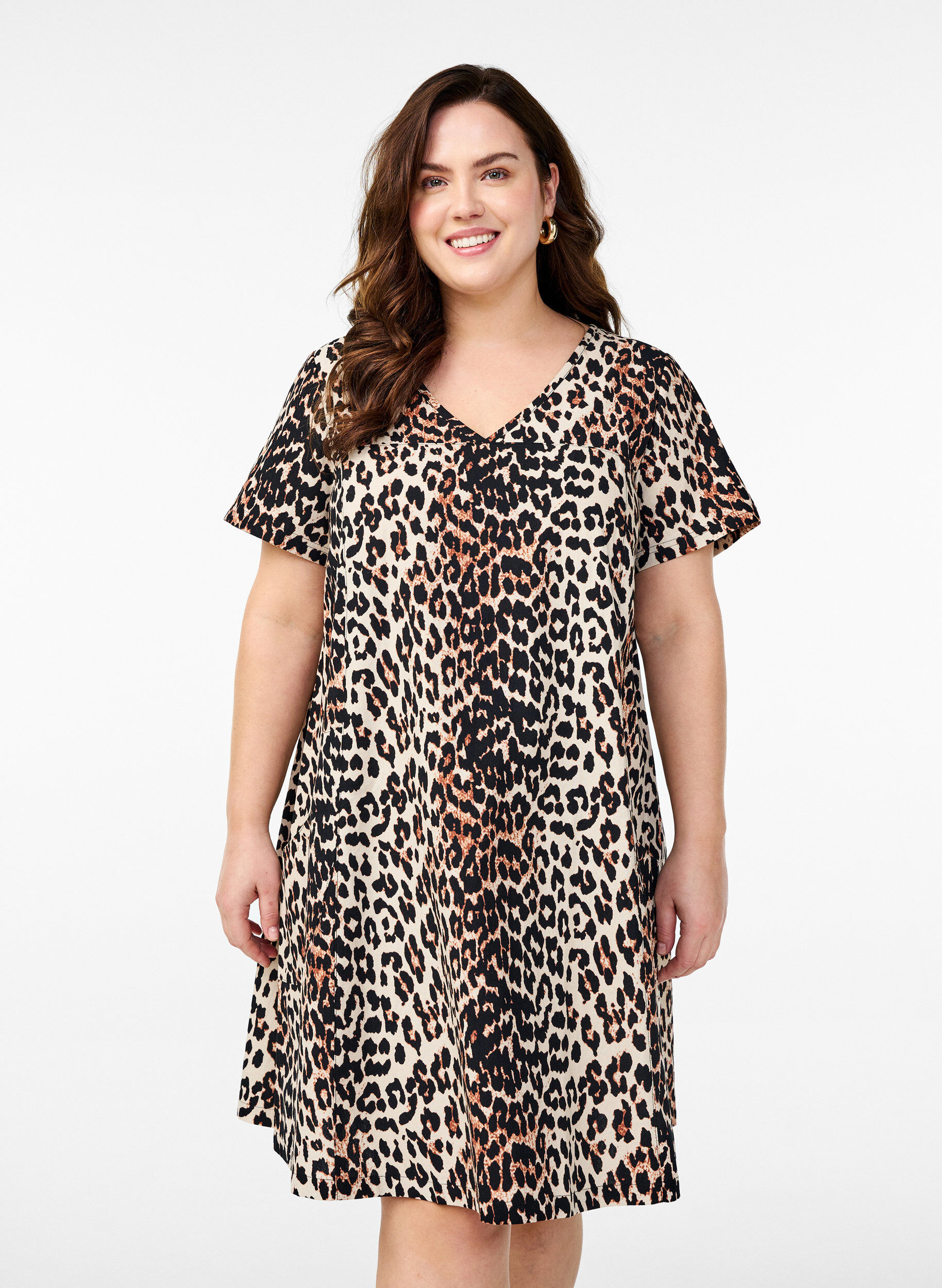 Zizzi Kort A-linjeformet kjole med leopardm&oslash;nster, Brun, Model image number 0
