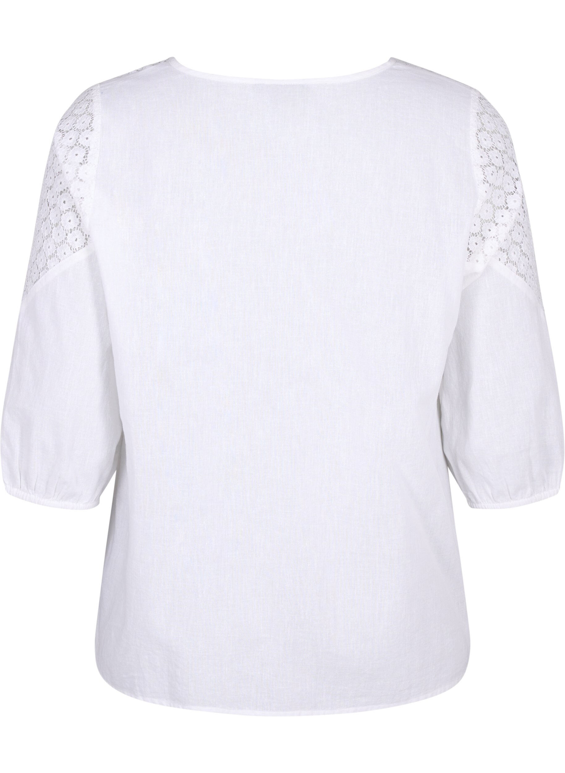 Zizzi Bluse i bomullsblanding med lin og heklede detaljer, Bright White, Packshot image number 1