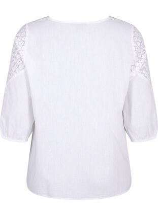 Bluse i bomullsblanding med lin og heklede detaljer, Bright White, Packshot image number 1