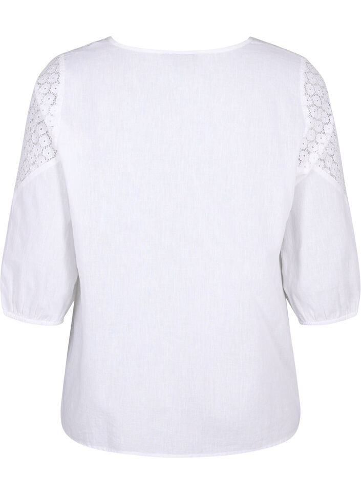 Bluse i bomullsblanding med lin og heklede detaljer, Bright White, Packshot image number 1