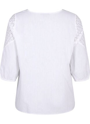 Bluse i bomullsblanding med lin og heklede detaljer, Bright White, Packshot image number 1