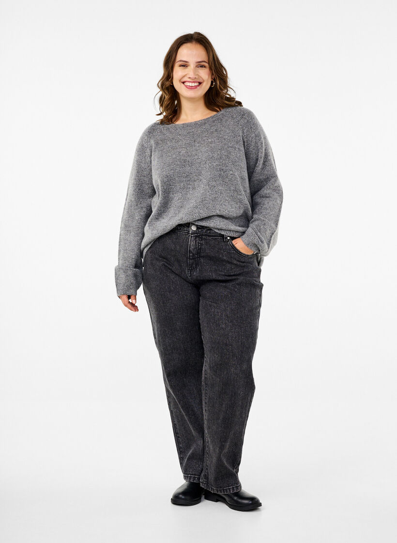 Løstsittende, strikket bluse med rund hals, Medium Grey Melange, Model image number 2