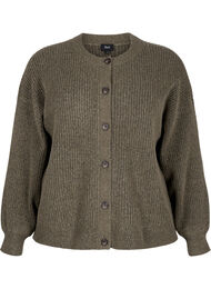 Ribbestrikket cardigan med knapper, Dusky Green Mel.