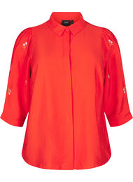 Bluse med 3/4-ermer og blomsterbroderi, Flame Scarlet