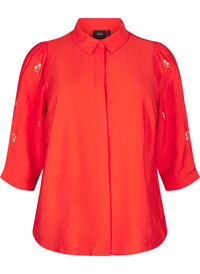 Bluse med 3/4-ermer og blomsterbroderi, Flame Scarlet Bluse med 3/4-ermer og blomsterbroderi