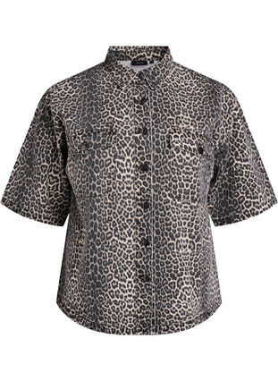 Zizzi Denimskjorte med leopardmønster og korte ermer, Leopard, Packshot image number 0