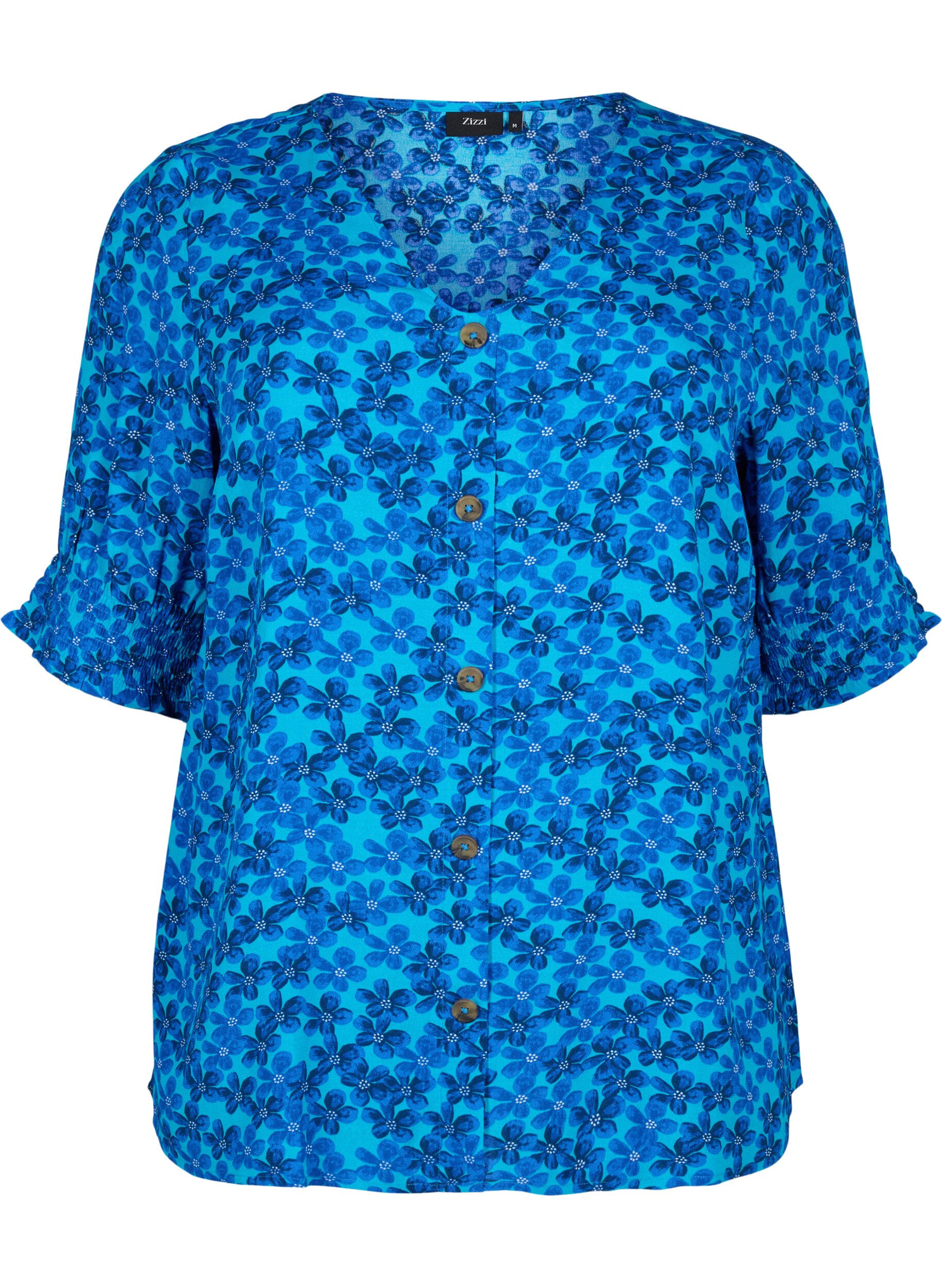 Zizzi Bluse i viskose med knapper, Blue Small Flower, Packshot image number 0