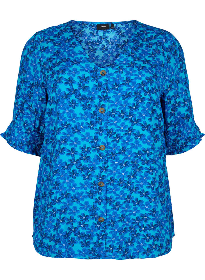 Bluse i viskose med knapper, Blue Small Flower, Packshot image number 0