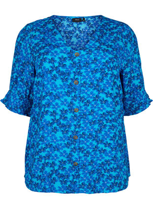 Bluse i viskose med knapper, Blue Small Flower, Packshot image number 0
